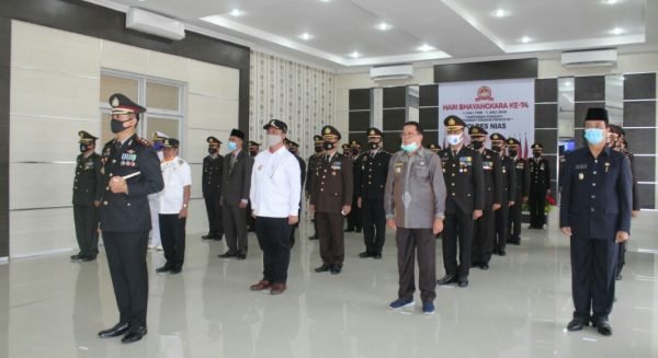 Kapolres Nias AKBP Deni Kurniawan memimpin upacara Hari Bhayangkara ke-74 secara live streaming dengan Istana Negara/Foto: Humas Polres Nias